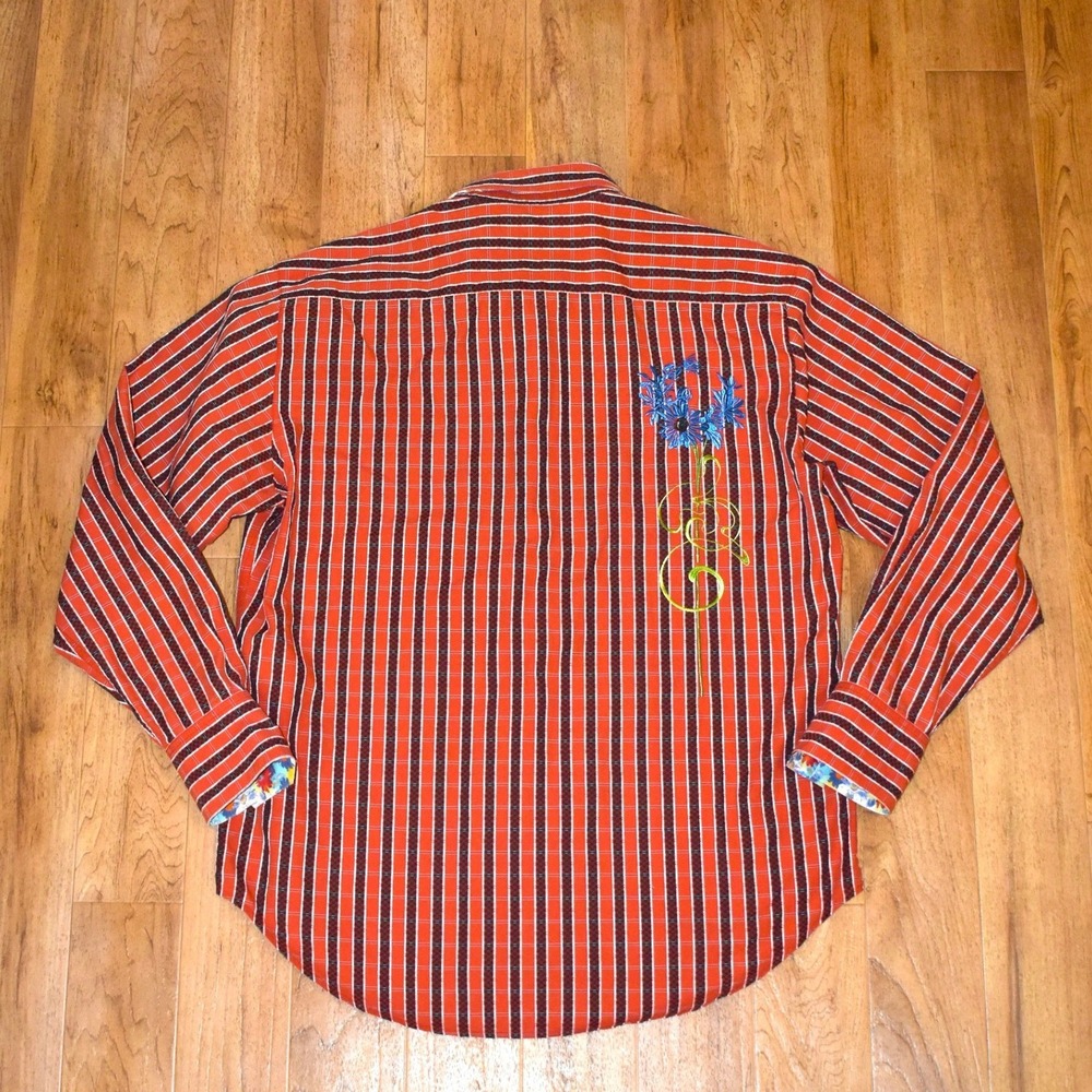 Robert Graham Shirt Mens XL Orange Striped Excellent Floral Back Embroidery - Picture 3 of 6